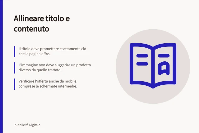 Allineare titolo e contenuto: Il titolo deve promettere esattamente ciò che la pagina offre.; L'immagine non deve suggerire un prodotto diverso da quello trattato.; Verificare l'offerta anche da mobile, comprese le schermate intermedie. Allineare titolo dell'annuncio e contenuto di destinazione