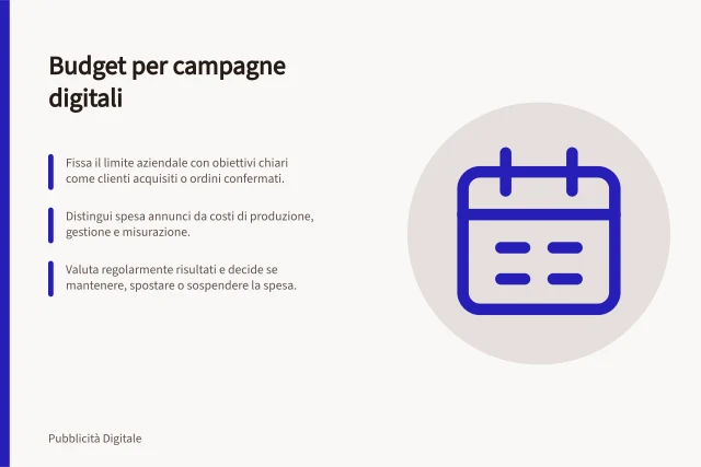 Budget per campagne digitali: Fissa il limite aziendale con obiettivi chiari come clienti acquisiti o ordini confermati.; Distingui spesa annunci da costi di produzione, gestione e misurazione.; Valuta regolarmente risultati e decide se mantenere, spostare o sospendere la spesa. Budget per campagne digitali