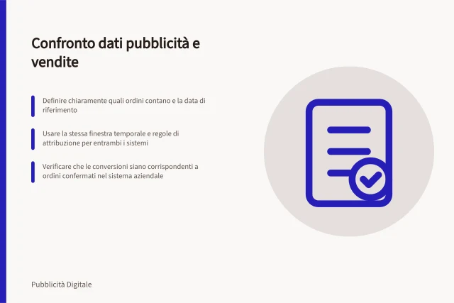 Confronto dati pubblicità e vendite: Definire chiaramente quali ordini contano e la data di riferimento; Usare la stessa finestra temporale e regole di attribuzione per entrambi i sistemi; Verificare che le conversioni siano corrispondenti a ordini confermati nel sistema aziendale. Confrontare dati delle piattaforme e vendite confermate