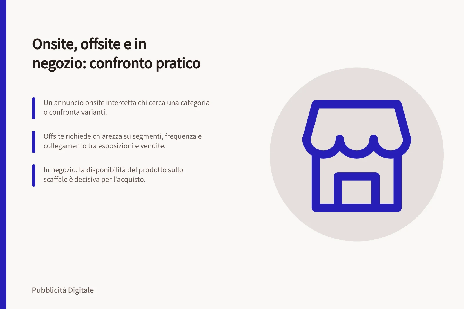 Onsite, offsite e in negozio: confronto pratico: Un annuncio onsite intercetta chi cerca una categoria o confronta varianti.; Offsite richiede chiarezza su segmenti, frequenza e collegamento tra esposizioni e vendite.; In negozio, la disponibilità del prodotto sullo scaffale è decisiva per l'acquisto.