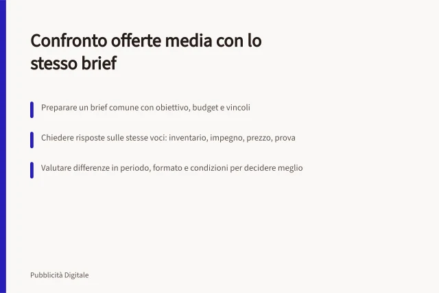 Confronto offerte media con lo stesso brief: Preparare un brief comune con obiettivo, budget e vincoli; Chiedere risposte sulle stesse voci: inventario, impegno, prezzo, prova; Valutare differenze in periodo, formato e condizioni per decidere meglio. Confrontare proposte con lo stesso brief