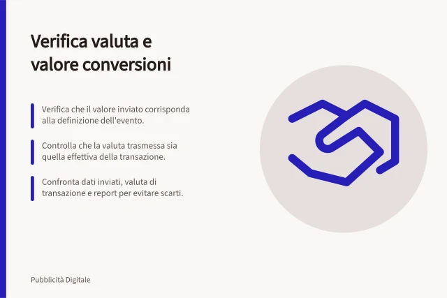 Verifica valuta e valore conversioni: Verifica che il valore inviato corrisponda alla definizione dell'evento.; Controlla che la valuta trasmessa sia quella effettiva della transazione.; Confronta dati inviati, valuta di transazione e report per evitare scarti. Controllare valuta e valore delle conversioni
