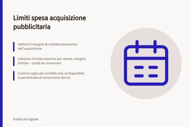 Limiti spesa acquisizione pubblicitaria: Definire il margine di contribuzione prima dell'acquisizione; Calcolare il limite massimo per cliente: margine stimato − quota da conservare; Usare la soglia per contatto solo se disponibile la percentuale di conversione storica. Definire limiti di spesa per acquisizione pubblicitaria
