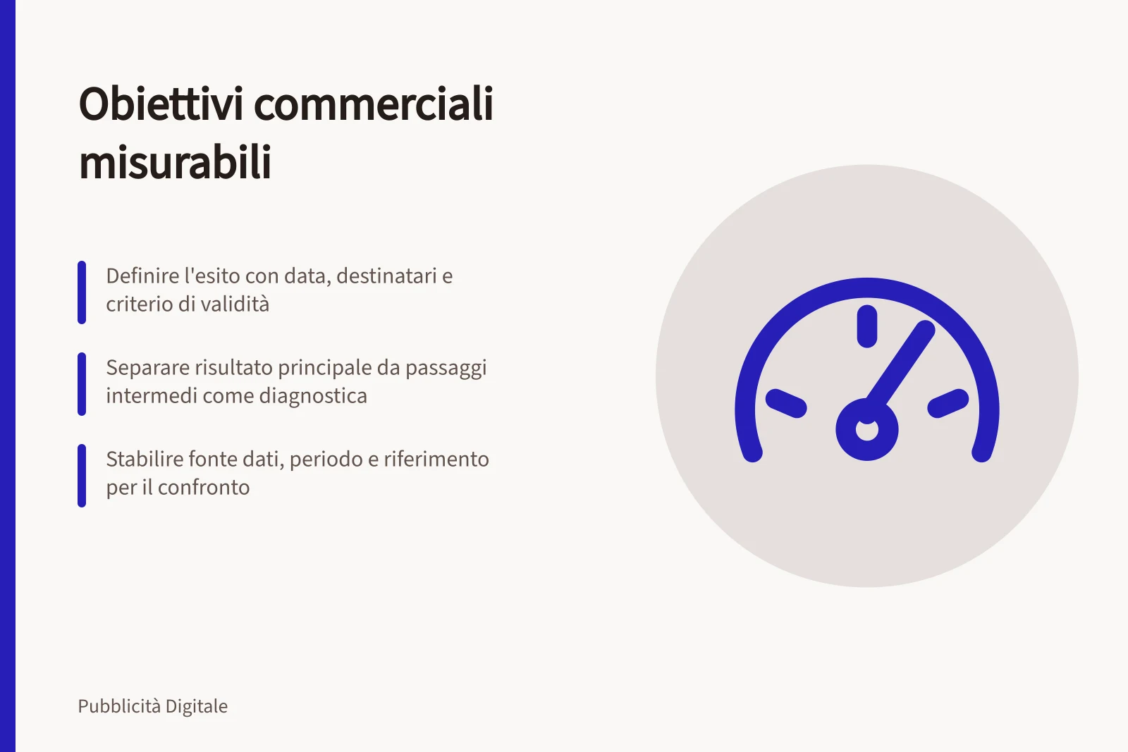 Obiettivi commerciali misurabili: Definire l'esito con data, destinatari e criterio di validità; Separare risultato principale da passaggi intermedi come diagnostica; Stabilire fonte dati, periodo e riferimento per il confronto