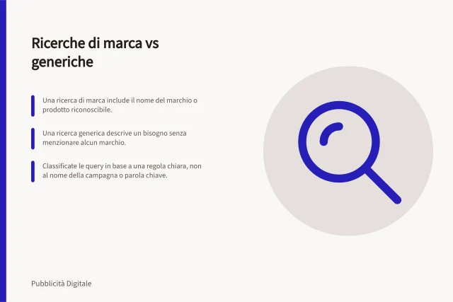 Ricerche di marca vs generiche: Una ricerca di marca include il nome del marchio o prodotto riconoscibile.; Una ricerca generica descrive un bisogno senza menzionare alcun marchio.; Classificate le query in base a una regola chiara, non al nome della campagna o parola chiave. Distinguere ricerche di marca e ricerche generiche