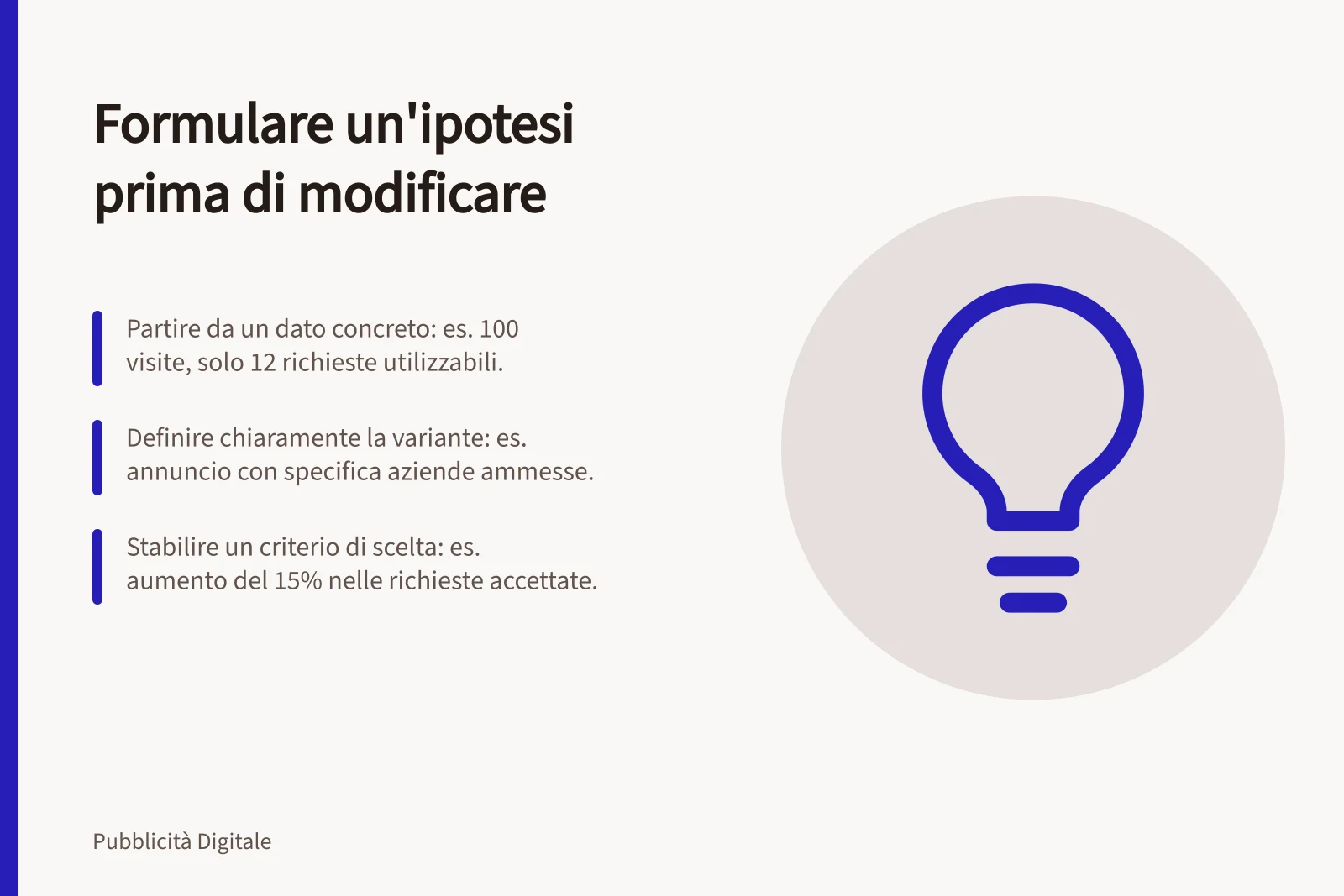 Formulare un'ipotesi prima di modificare: Partire da un dato concreto: es. 100 visite, solo 12 richieste utilizzabili.; Definire chiaramente la variante: es. annuncio con specifica aziende ammesse.; Stabilire un criterio di scelta: es. aumento del 15% nelle richieste accettate.