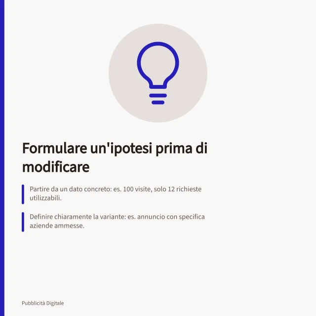 Formulare un'ipotesi prima di modificare: Partire da un dato concreto: es. 100 visite, solo 12 richieste utilizzabili.; Definire chiaramente la variante: es. annuncio con specifica aziende ammesse.; Stabilire un criterio di scelta: es. aumento del 15% nelle richieste accettate. Formulare un'ipotesi prima di modificare la campagna