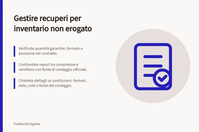 Gestire recuperi per inventario non erogato: Verificate quantità garantite, formato e posizione nel contratto.; Confrontate report tra compratore e venditore con fonte di conteggio ufficiale.; Chiedete dettagli su sostituzioni: formati, date, costi e fonte del conteggio. Gestire recuperi per inventario non erogato