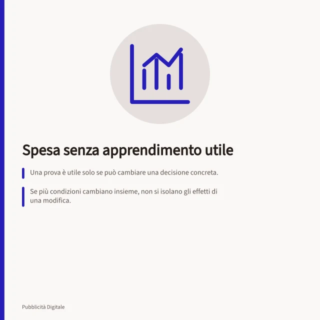 Spesa senza apprendimento utile: Una prova è utile solo se può cambiare una decisione concreta.; Se più condizioni cambiano insieme, non si isolano gli effetti di una modifica.; Il criterio decisionale deve essere stabilito prima per evitare interpretazioni a posteriori. Identificare spesa che non produce apprendimento utile