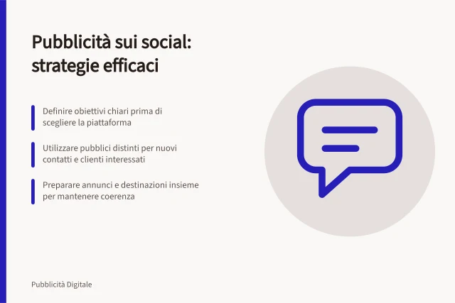 Pubblicità sui social: strategie efficaci: Definire obiettivi chiari prima di scegliere la piattaforma; Utilizzare pubblici distinti per nuovi contatti e clienti interessati; Preparare annunci e destinazioni insieme per mantenere coerenza. Pubblicità sui social