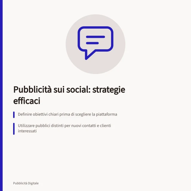 Pubblicità sui social: strategie efficaci: Definire obiettivi chiari prima di scegliere la piattaforma; Utilizzare pubblici distinti per nuovi contatti e clienti interessati; Preparare annunci e destinazioni insieme per mantenere coerenza. Pubblicità sui social