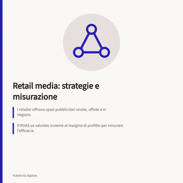 Retail media: strategie e misurazione: I retailer offrono spazi pubblicitari onsite, offsite e in negozio.; Il ROAS va valutato insieme al margine di profitto per misurare l'efficacia.; L'IAB Europe propone un framework a 5 zone per la misurazione in-store. Retail media
