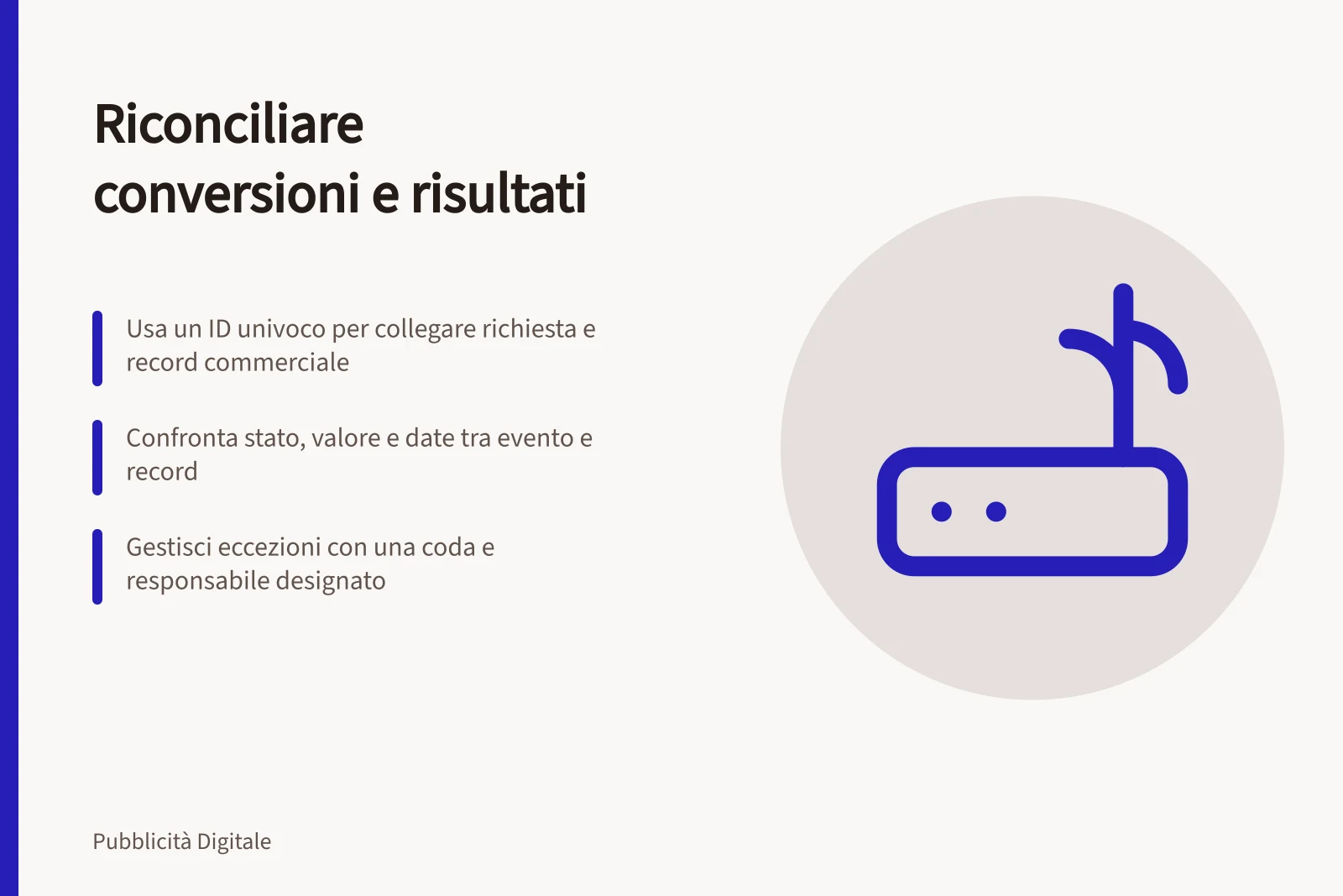 Riconciliare conversioni e risultati: Usa un ID univoco per collegare richiesta e record commerciale; Confronta stato, valore e date tra evento e record; Gestisci eccezioni con una coda e responsabile designato
