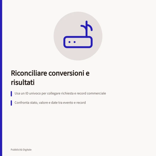 Riconciliare conversioni e risultati: Usa un ID univoco per collegare richiesta e record commerciale; Confronta stato, valore e date tra evento e record; Gestisci eccezioni con una coda e responsabile designato. Riconciliare conversioni online e risultati commerciali