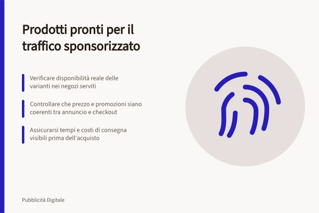 Prodotti pronti per il traffico sponsorizzato: Verificare disponibilità reale delle varianti nei negozi serviti; Controllare che prezzo e promozioni siano coerenti tra annuncio e checkout; Assicurarsi tempi e costi di consegna visibili prima dell'acquisto. Scegliere prodotti pronti per traffico sponsorizzato