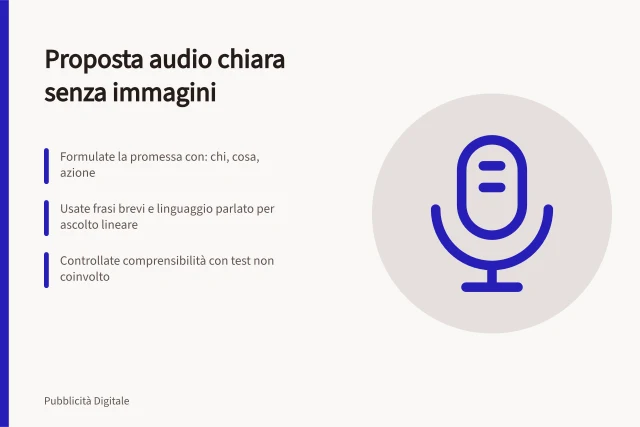 Proposta audio chiara senza immagini: Formulate la promessa con: chi, cosa, azione; Usate frasi brevi e linguaggio parlato per ascolto lineare; Controllate comprensibilità con test non coinvolto. Scrivere una proposta comprensibile senza immagini