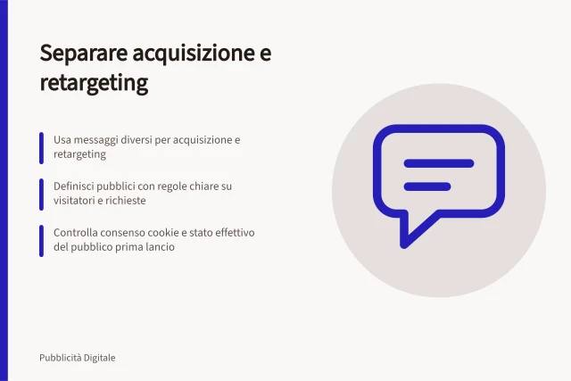 Separare acquisizione e retargeting: Usa messaggi diversi per acquisizione e retargeting; Definisci pubblici con regole chiare su visitatori e richieste; Controlla consenso cookie e stato effettivo del pubblico prima lancio. Separare acquisizione e retargeting