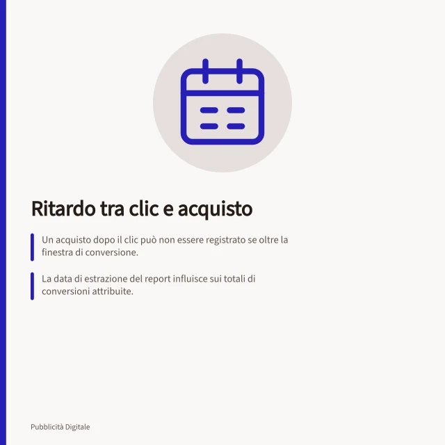 Ritardo tra clic e acquisto: Un acquisto dopo il clic può non essere registrato se oltre la finestra di conversione.; La data di estrazione del report influisce sui totali di conversioni attribuite.; Definire il tempo di osservazione prima del lancio per confronti validi. Tenere conto del ritardo tra clic e acquisto