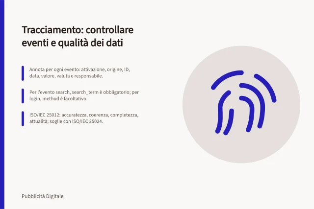 Tracciamento: controllare eventi e qualità dei dati: Annota per ogni evento: attivazione, origine, ID, data, valore, valuta e responsabile.; Per l'evento search, search_term è obbligatorio; per login, method è facoltativo.; ISO/IEC 25012: accuratezza, coerenza, completezza, attualità; soglie con ISO/IEC 25024. Tracciamento e qualità dei dati