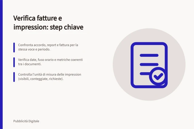 Verifica fatture e impression: step chiave: Confronta accordo, report e fattura per la stessa voce e periodo.; Verifica date, fuso orario e metriche coerenti tra i documenti.; Controlla l'unità di misura delle impression (visibili, conteggiate, richieste). Verificare fatture e consegna delle impression